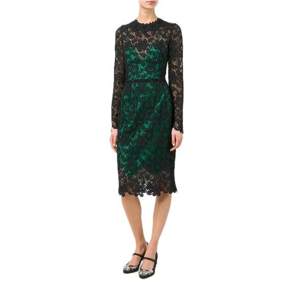 NWT Dolce & Gabbana Black Green Long-Sleeve Lace Dress Contrast Slip IT 42 M - Picture 2 of 15